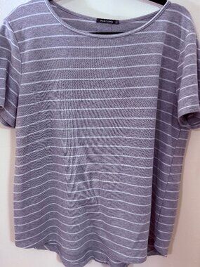 Pink Clover Stitch Fix Womens Grey White Striped Button Back Top Curved Size XXL